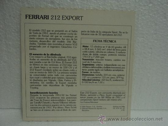 Coleccionismo cromos antiguos: FICHA AUTOS DE COLECCION FERRARI 212 EXPORT - Foto 2