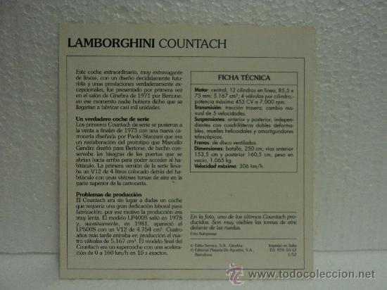 Coleccionismo cromos antiguos: FICHA AUTOS DE COLECCION LAMBORGHINI COUNTACH - Foto 2