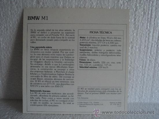Coleccionismo cromos antiguos: FICHA AUTOS DE COLECCION BMW M1 - Foto 2