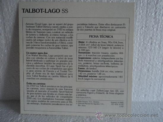 Coleccionismo cromos antiguos: FICHA AUTOS DE COLECCION TALBOT-LAGO SS - Foto 2