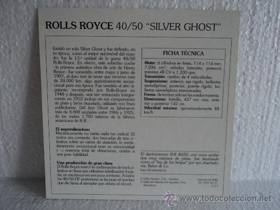 Coleccionismo cromos antiguos: FICHA AUTOS DE COLECCION ROLLS ROYCE 40/50 &uml;SILVER GHOST&uml; - Foto 2