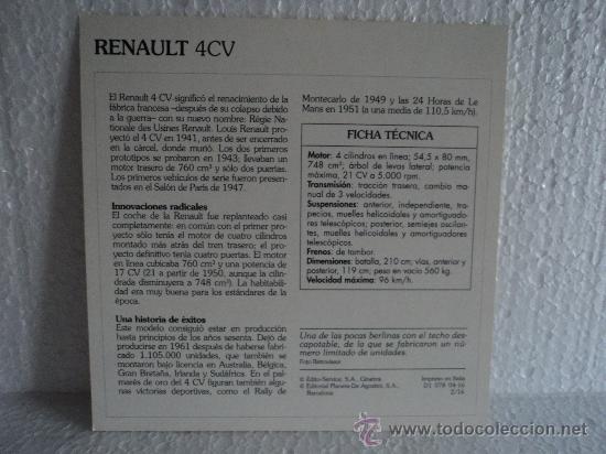 Coleccionismo cromos antiguos: FICHA AUTOS DE COLECCION RENAULT 4CV - Foto 2
