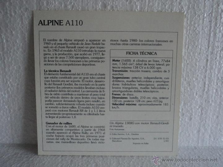 Coleccionismo cromos antiguos: FICHA AUTOS DE COLECCION ALPINE A110 - Foto 2
