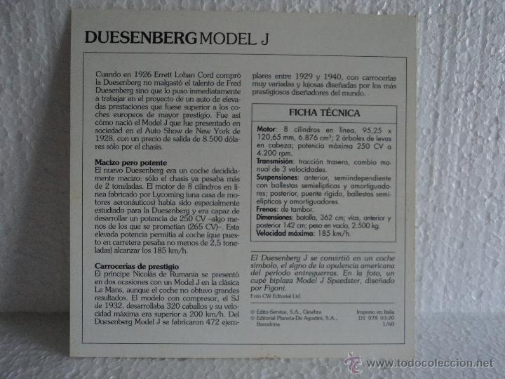 Coleccionismo cromos antiguos: FICHA AUTOS DE COLECCION DUESENBERG MODEL J - Foto 2
