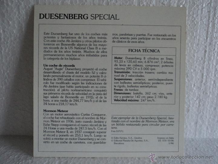 Coleccionismo cromos antiguos: FICHA AUTOS DE COLECCION DUESENBERG SPECIAL - Foto 2