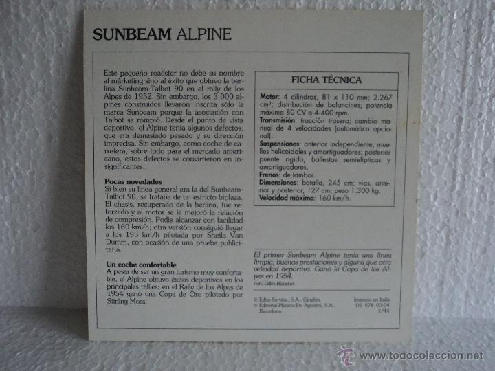 Coleccionismo cromos antiguos: FICHA AUTOS DE COLECCION SUNBEAM ALPINE - Foto 2