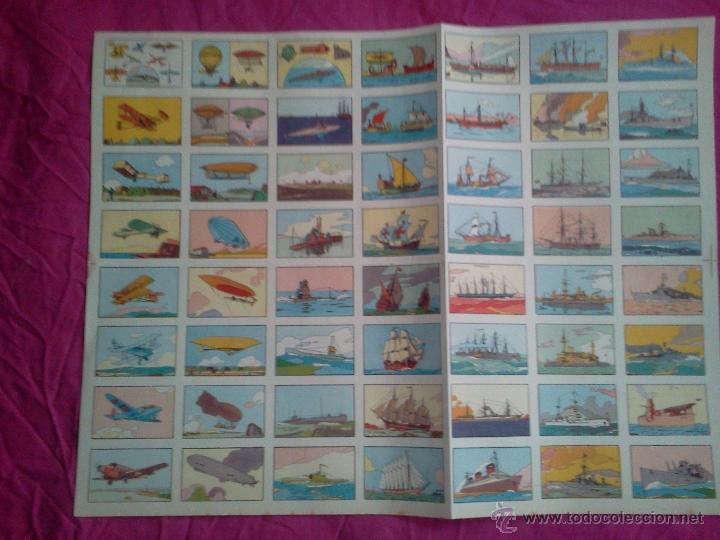 Coleccionismo Cromos antiguos: Plancha de 56 cromos antiguos. Barcos, globos y aeroplanos