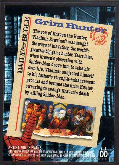 Coleccionismo cromos antiguos: Cromo . Marvel 1995. Fleer Ultra Spider-Man. Grim Hunter. n&ordm; 66 - Foto 2