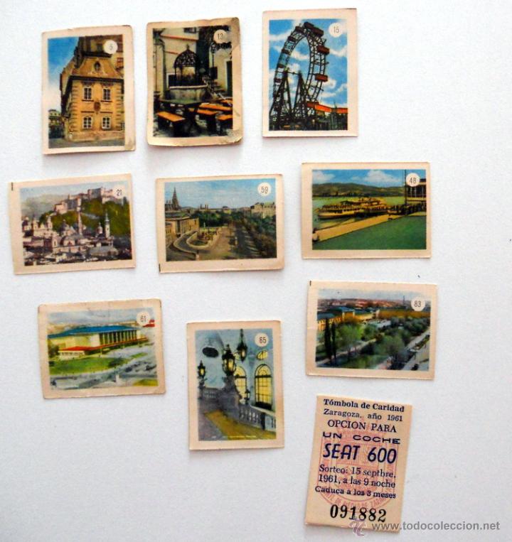 Coleccionismo cromos antiguos: 10 CROMOS ANTIGUOS 1961 TOMBOLA DIOCESANA CARITAS ZARAGOZA CROMO SORTEO COCHE SEAT 600 SELLO NUMERO