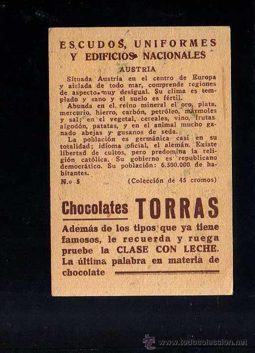 Coleccionismo cromos antiguos: Cromo Austria. Escudos, Uniformes y Edificios Nacionales. Chocolate Torras - Foto 2
