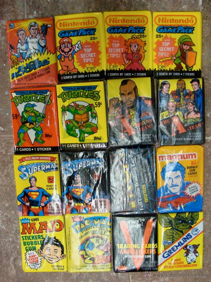 Coleccionismo cromos antiguos: Lote 16 sobres sin abrir USA, Equipo A, Nintendo, Superman, Tortugas Ninja, V Visitantes...