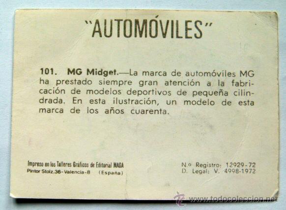 Coleccionismo cromos antiguos: Ediciones Maga MG Midget n&ordm; 101 - Foto 2