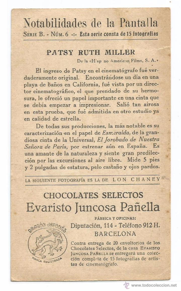 Coleccionismo cromos antiguos: NOTABILIDADES DE LA PANTALLA .- PATSY RUTH MILLER  .- SERIE B N&ordm; 6 .- CHOCOLATES JUNCOSA - Foto 2