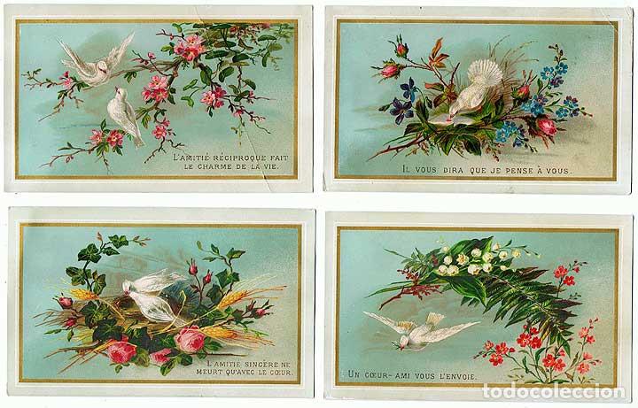 Collectionnisme Cartes &agrave; collectionner anciennes: Colecci&oacute;n de 4 antiguos cromos litogr&aacute;ficos paloma blanca con flores. Principios S.XX