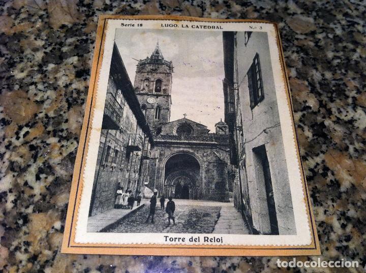 Sammeln alte Sammelbilder: CROMO BELLEZAS DE GALICIA (LUGO, CATEDRAL SERIE 18, N&ordm; 3) TORRE RELOJ  (PEGADO AL CART&Oacute;N ORIGINAL)