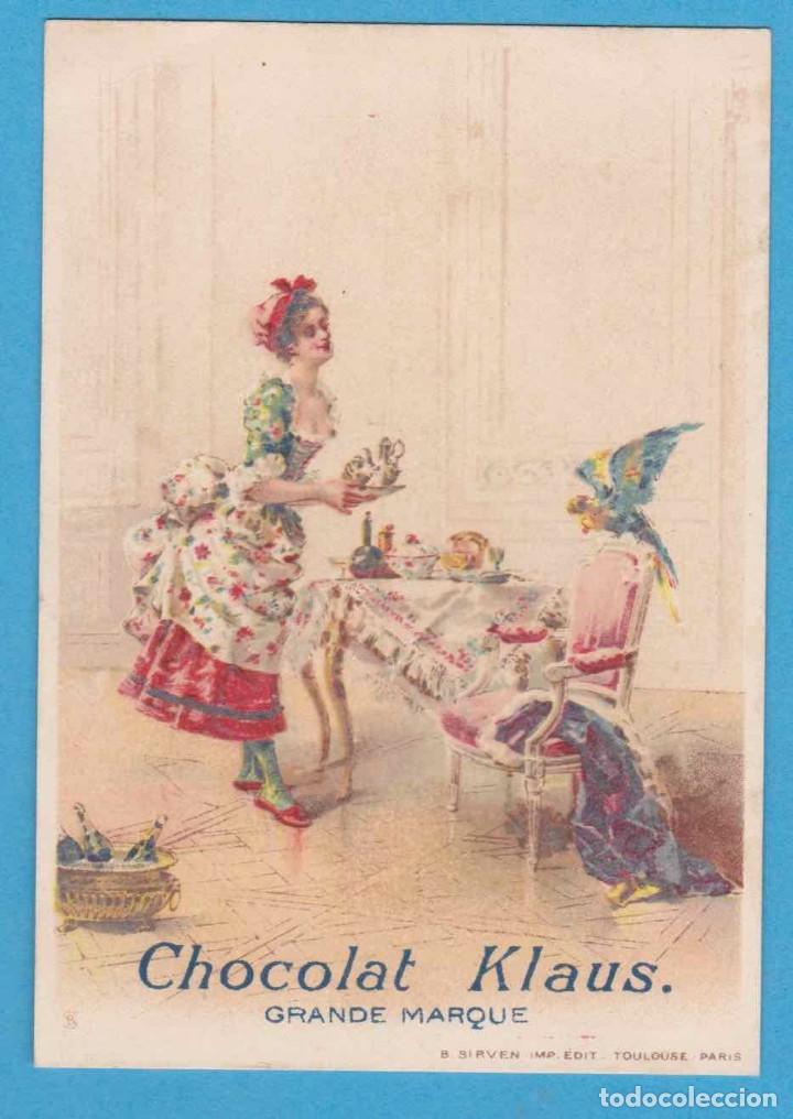 Coleccionismo cromos antiguos: MUJER Y LORITO . CHOCOLAT KLAUS. GRANDE MARQUE. LE LOCLE, SUIZA. MORTEAU, FRANCIA