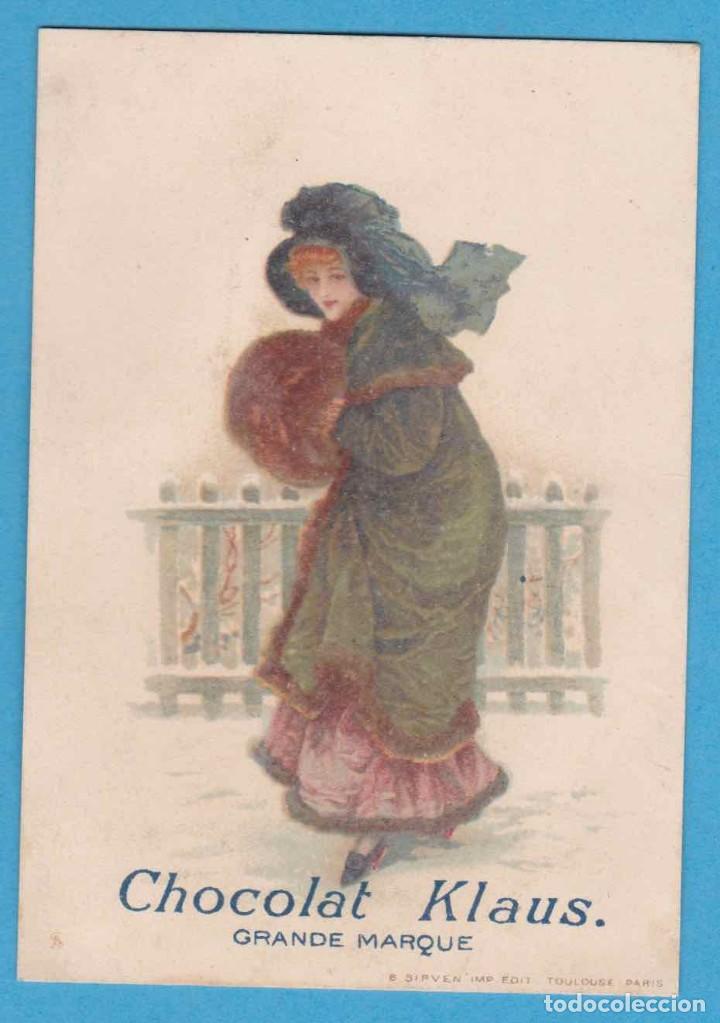 Coleccionismo cromos antiguos: MUJER CON MANGUITO DE PIEL . CHOCOLAT KLAUS. GRANDE MARQUE. LE LOCLE, SUIZA. MORTEAU, FRANCIA
