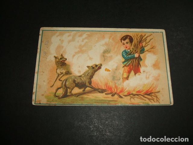Colecionismo Cromos antigos: CROMO SIGLO XIX NI&Ntilde;O EN HOGUERA CON LOBOS PUBLICIDAD CHOCOLATES JUNCOSA BARCELONA