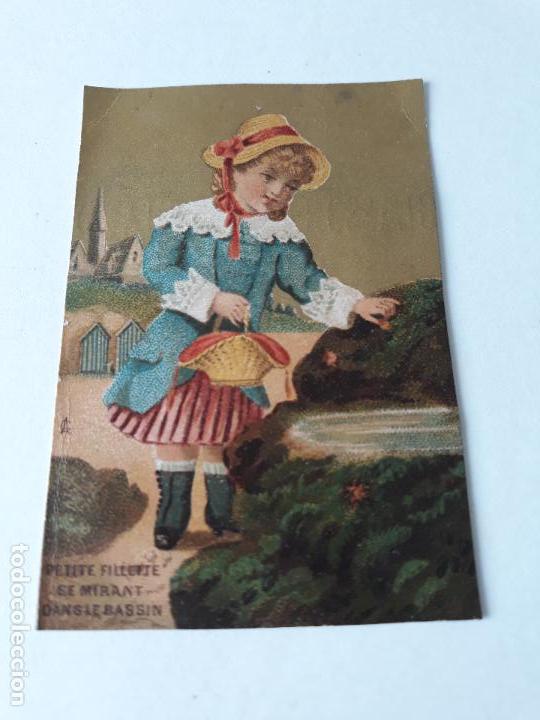 Sammeln alte Sammelbilder: Cromo siglo XIX NI&Ntilde;a en la playa pescando