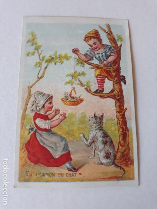 Collectable Antique Stickers: SALVANDO UN GATO CROMO SIGLO XIX