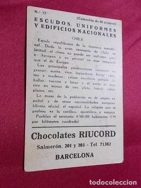 Coleccionismo cromos antiguos: ESCUDOS UNIFORMES Y EDIFICIOS NACIONALES. CROMO N&ordm; 12. CHILE. CHOCOLATES RIUCORD - Foto 2