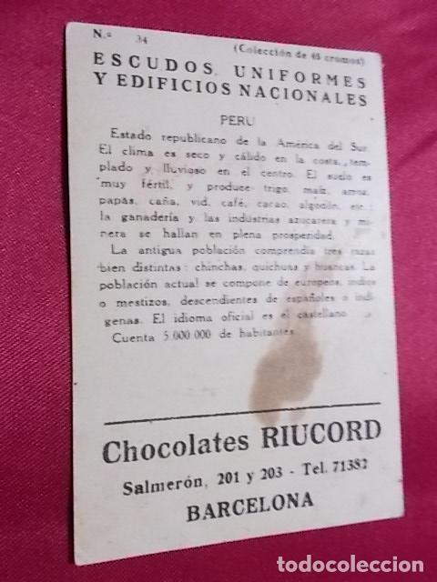 Coleccionismo cromos antiguos: ESCUDOS UNIFORMES Y EDIFICIOS NACIONALES. CROMO N&ordm; 34. PERU. CHOCOLATES RIUCORD - Foto 2