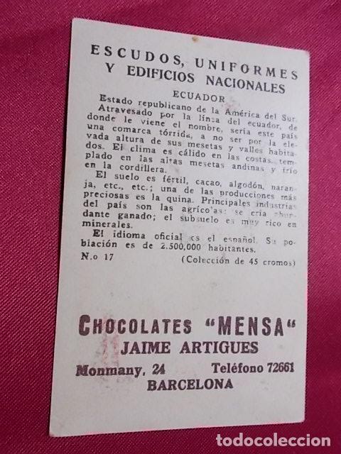 Coleccionismo cromos antiguos: ESCUDOS UNIFORMES Y EDIFICIOS NACIONALES. ECUADOR. CHOCOLATES MENSA - Foto 2