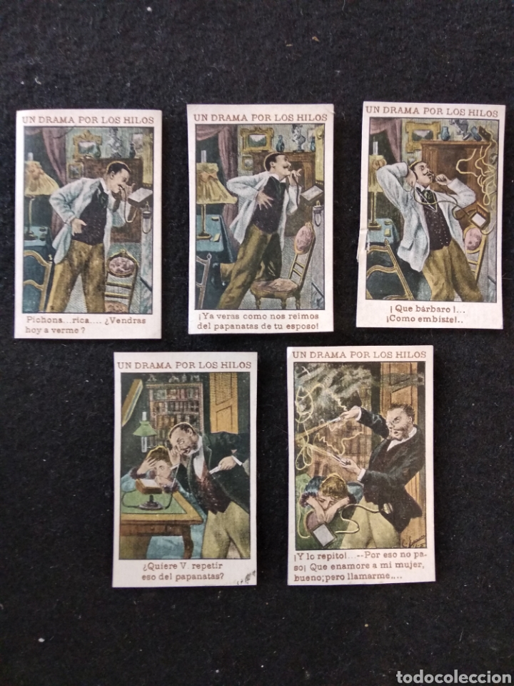 Colecionismo Cromos antigos: Rara colecci&oacute;n de cinco peque&ntilde;os cromos titulada; un Drama por los Hilos.