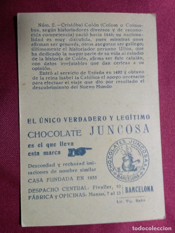 Coleccionismo cromos antiguos: CRISTOBAL COLON. CROMO N&ordm; 2. CHOCOLATE JUNCOSA - Foto 2