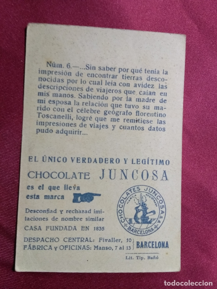 Coleccionismo cromos antiguos: CRISTOBAL COLON. CROMO N&ordm; 6. CHOCOLATE JUNCOSA - Foto 2