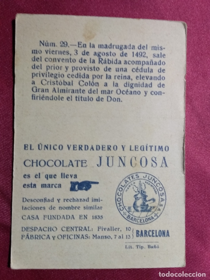 Coleccionismo cromos antiguos: CRISTOBAL COLON. CROMO N&ordm; 29. CHOCOLATE JUNCOSA - Foto 2