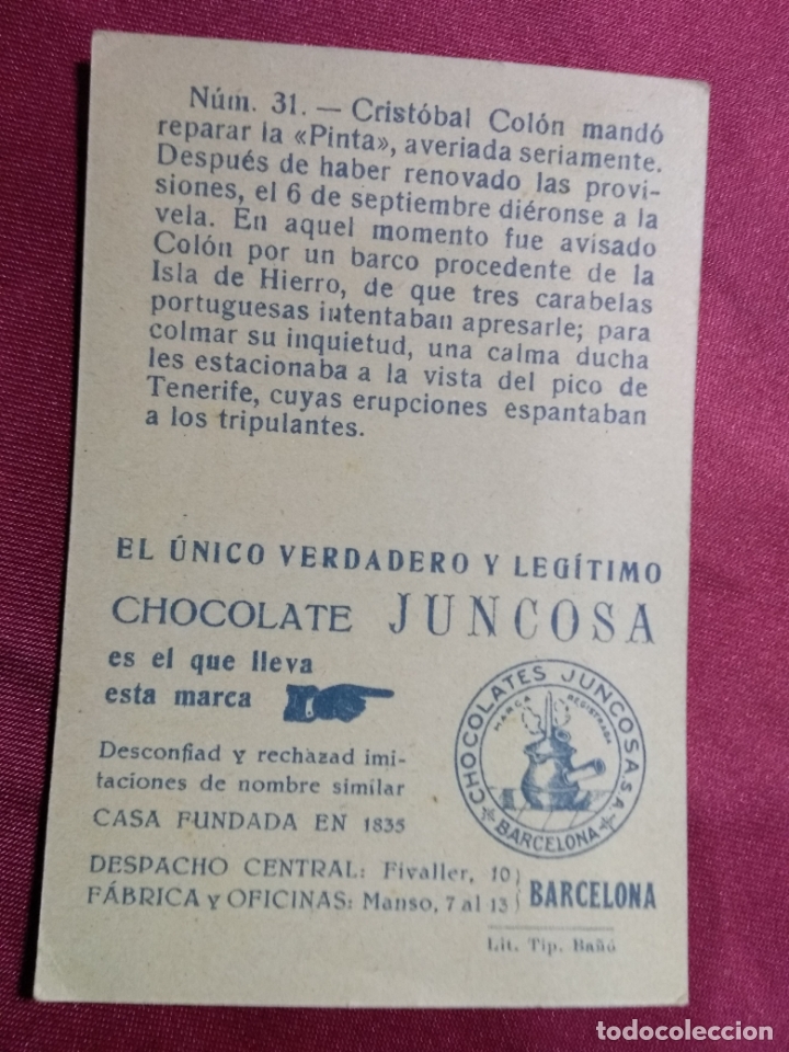 Coleccionismo cromos antiguos: CRISTOBAL COLON. CROMO N&ordm; 31. CHOCOLATE JUNCOSA - Foto 2