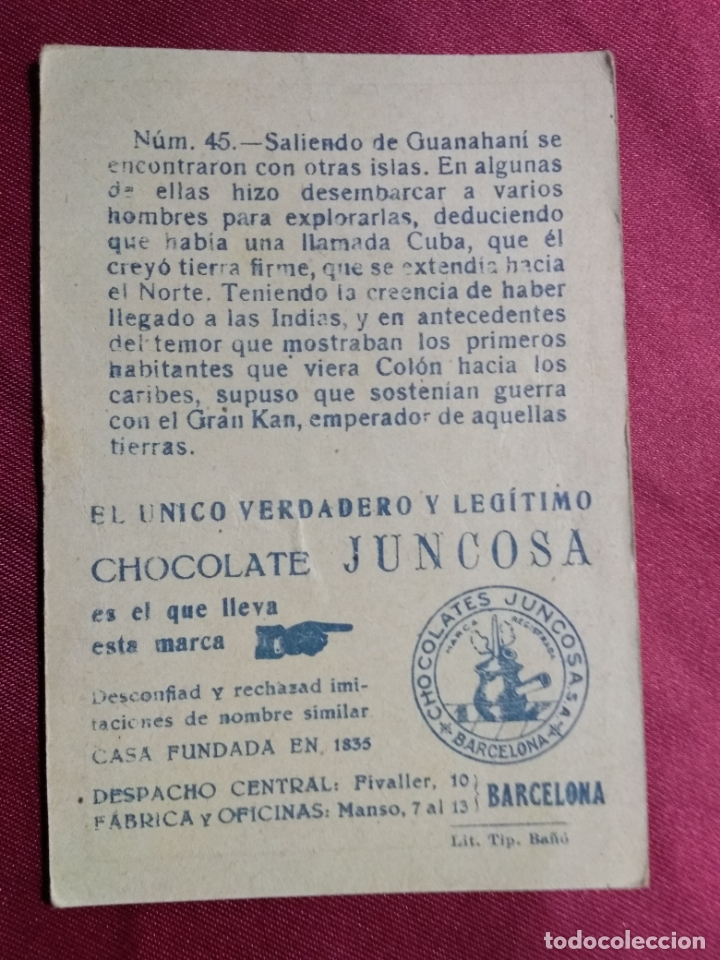 Coleccionismo cromos antiguos: CRISTOBAL COLON. CROMO N&ordm; 45. CHOCOLATE JUNCOSA - Foto 2