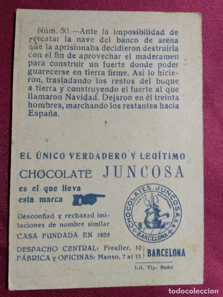 Coleccionismo cromos antiguos: CRISTOBAL COLON. CROMO N&ordm; 50. CHOCOLATE JUNCOSA - Foto 2