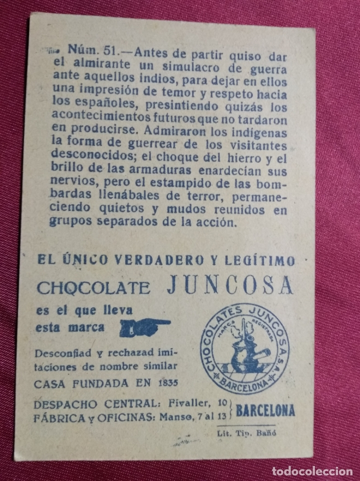 Coleccionismo cromos antiguos: CRISTOBAL COLON. CROMO N&ordm; 51. CHOCOLATE JUNCOSA - Foto 2
