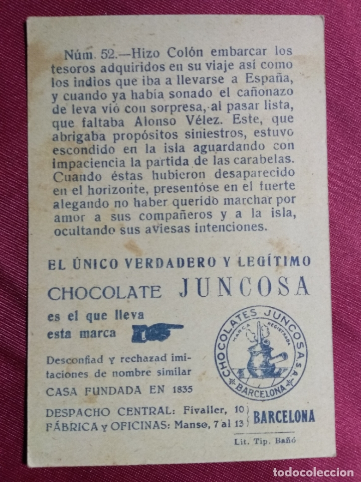 Coleccionismo cromos antiguos: CRISTOBAL COLON. CROMO N&ordm; 52. CHOCOLATE JUNCOSA - Foto 2