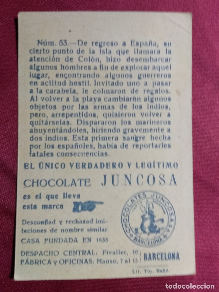 Coleccionismo cromos antiguos: CRISTOBAL COLON. CROMO N&ordm; 53. CHOCOLATE JUNCOSA - Foto 2