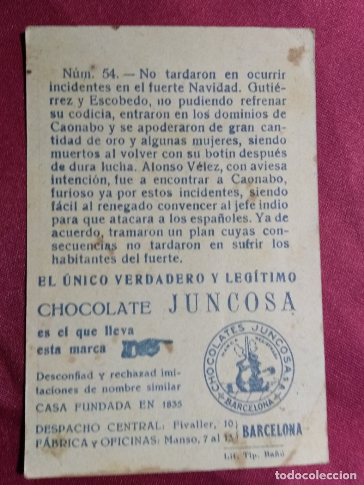 Coleccionismo cromos antiguos: CRISTOBAL COLON. CROMO N&ordm; 54. CHOCOLATE JUNCOSA - Foto 2