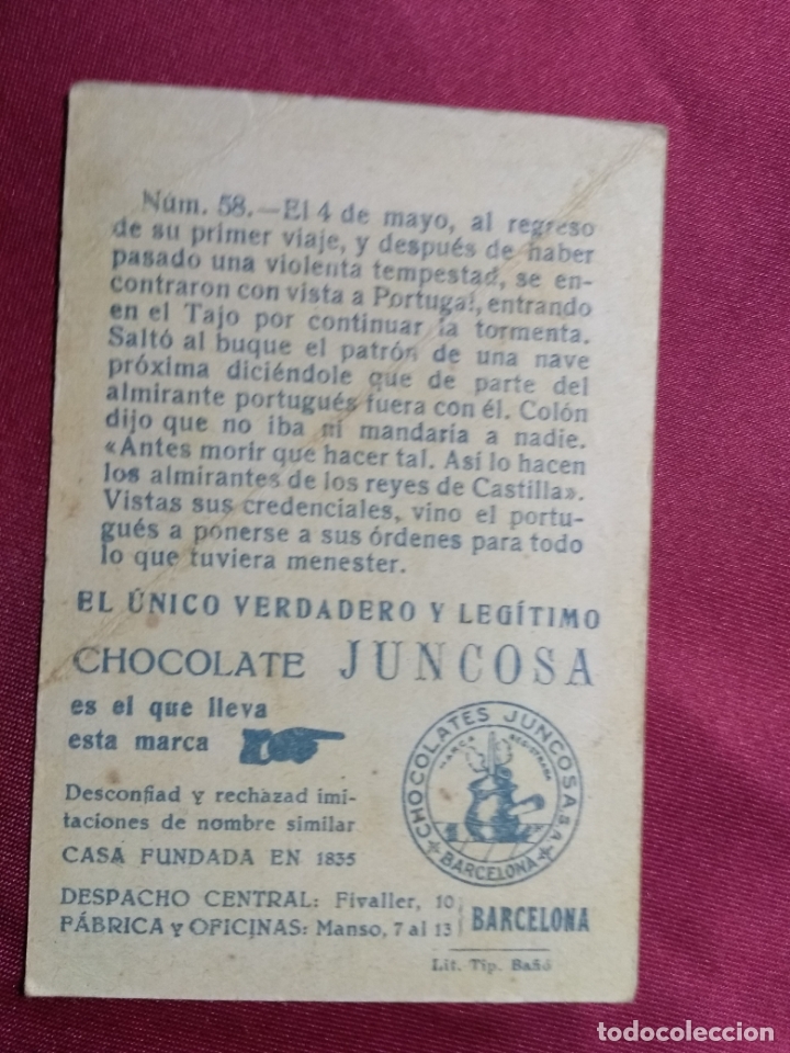 Coleccionismo cromos antiguos: CRISTOBAL COLON. CROMO N&ordm; 58. CHOCOLATE JUNCOSA - Foto 2