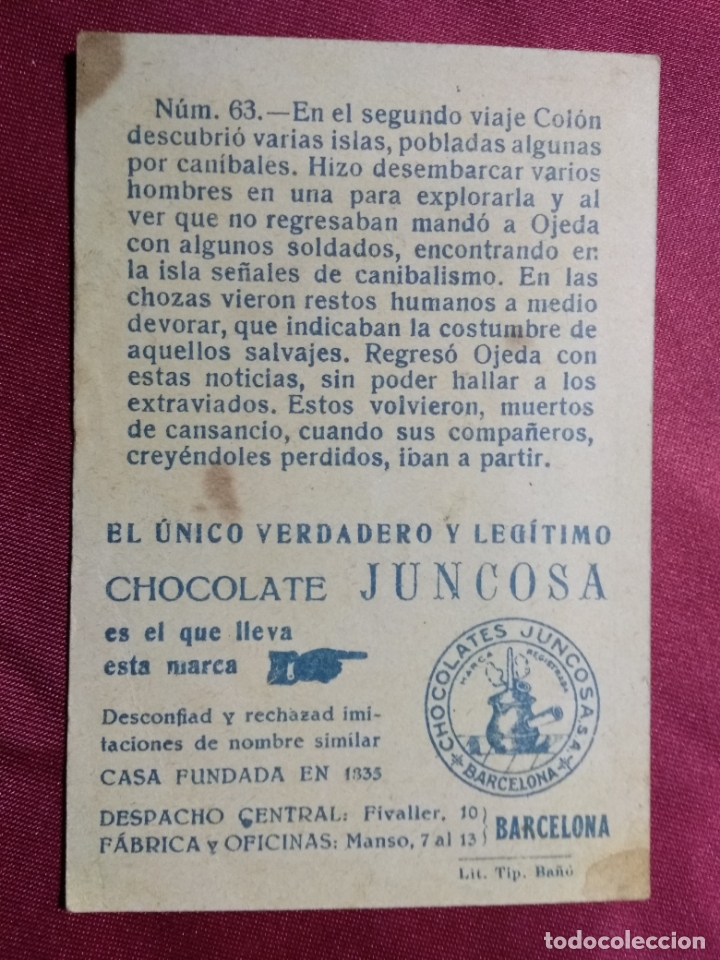 Coleccionismo cromos antiguos: CRISTOBAL COLON. CROMO N&ordm; 63. CHOCOLATE JUNCOSA - Foto 2