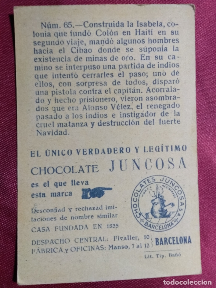 Coleccionismo cromos antiguos: CRISTOBAL COLON. CROMO N&ordm; 65. CHOCOLATE JUNCOSA. - Foto 2