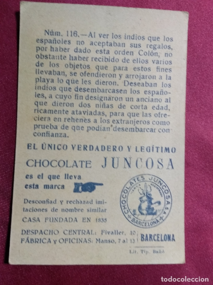 Coleccionismo cromos antiguos: CRISTOBAL COLON. CROMO N&ordm; 116. CHOCOLATE JUNCOSA. - Foto 2