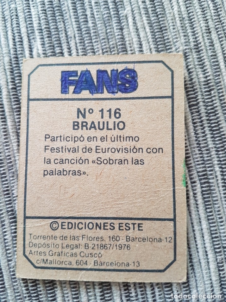 Coleccionismo cromos antiguos: FANS N&ordm; 116 BRAULIO SIN PEGAR - Foto 2