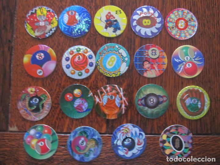 Coleccionismo Cromos antiguos: 19 TAZOS CART&Oacute;N. BILLARD BOLA 8