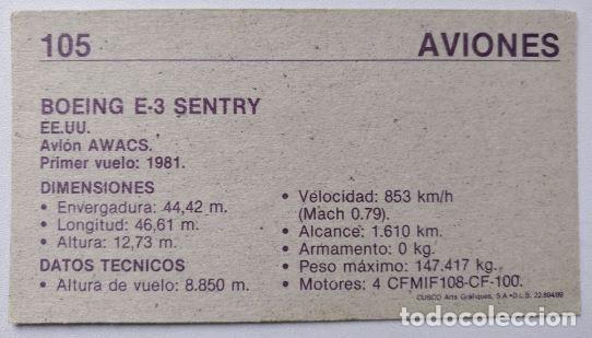 Coleccionismo cromos antiguos: CUSCO - AVIONES (1989) - N&ordm; 105 - Boeing E-3 Sentry - Foto 2