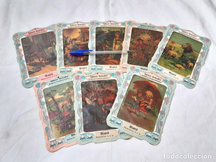 Coleccionismo Cromos antiguos: Lote de 8 cr&oacute;mos o l&aacute;minas para ver a la luz, como placas de Linterna M&aacute;gica. Publicidad. Madrid.