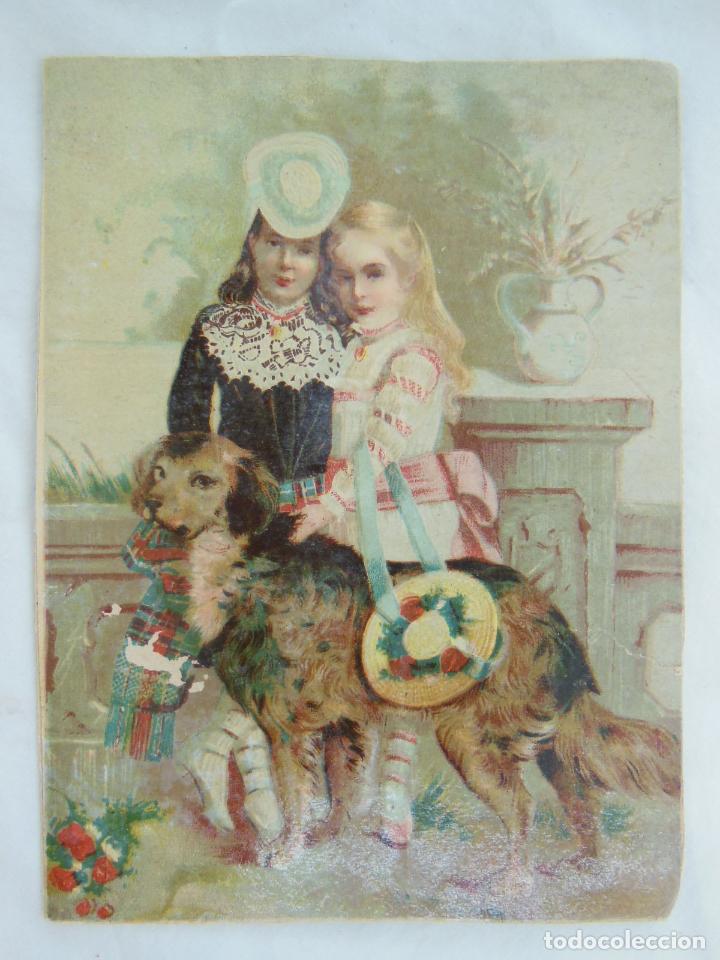 Collezionismo Figurine antiche: Antigua Cromolitograf&iacute;a : NI&Ntilde;AS CON PERRO