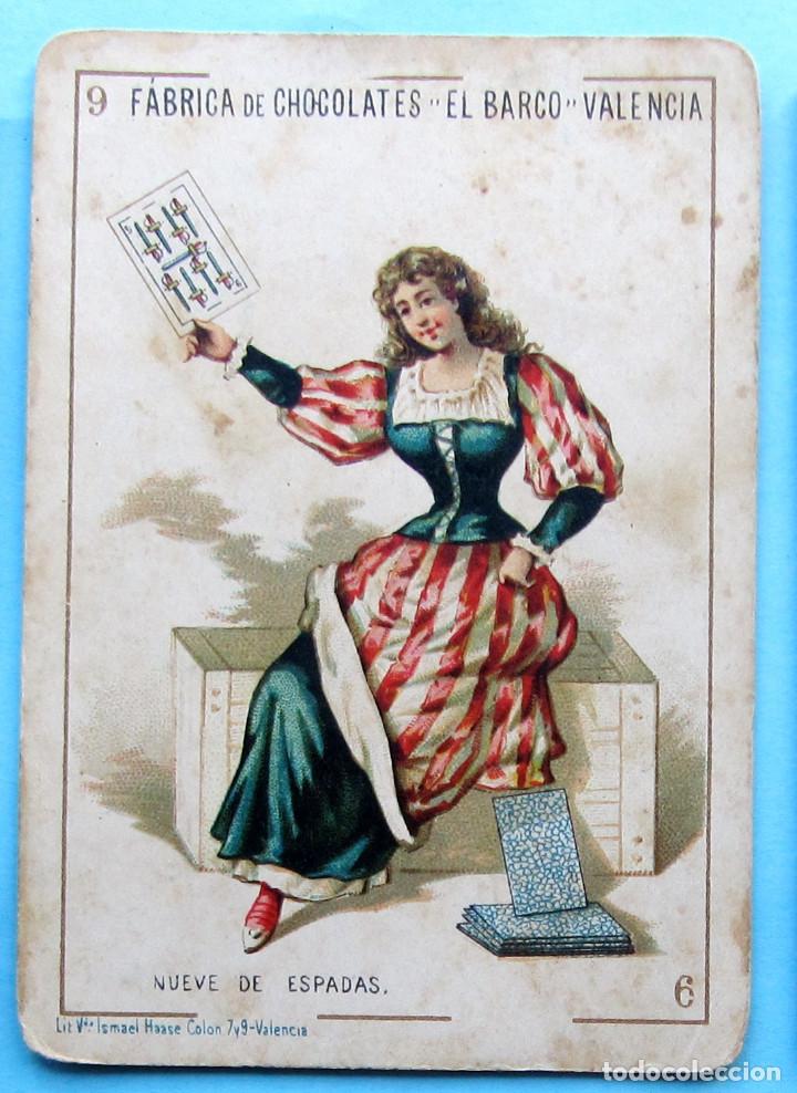Coleccionismo Cromos antiguos: CHOCOLATE CHOCOLATES EL BARCO. BARAJA. 9 NUEVE DE ESPADAS. FINALES DEL SIGLO XIX.