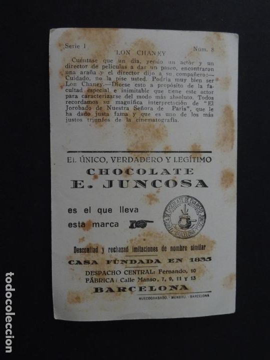 Coleccionismo cromos antiguos: CROMO SERIE 1 NUM.8 - LON CHANEY (ACTOR DISTINGUIDISIMO) - CHOCOLATE E.JUNCOSA - Foto 2