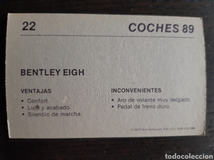 Coleccionismo cromos antiguos: Bentley Eight n&deg; 22. Coches 89. Cusco - Foto 2